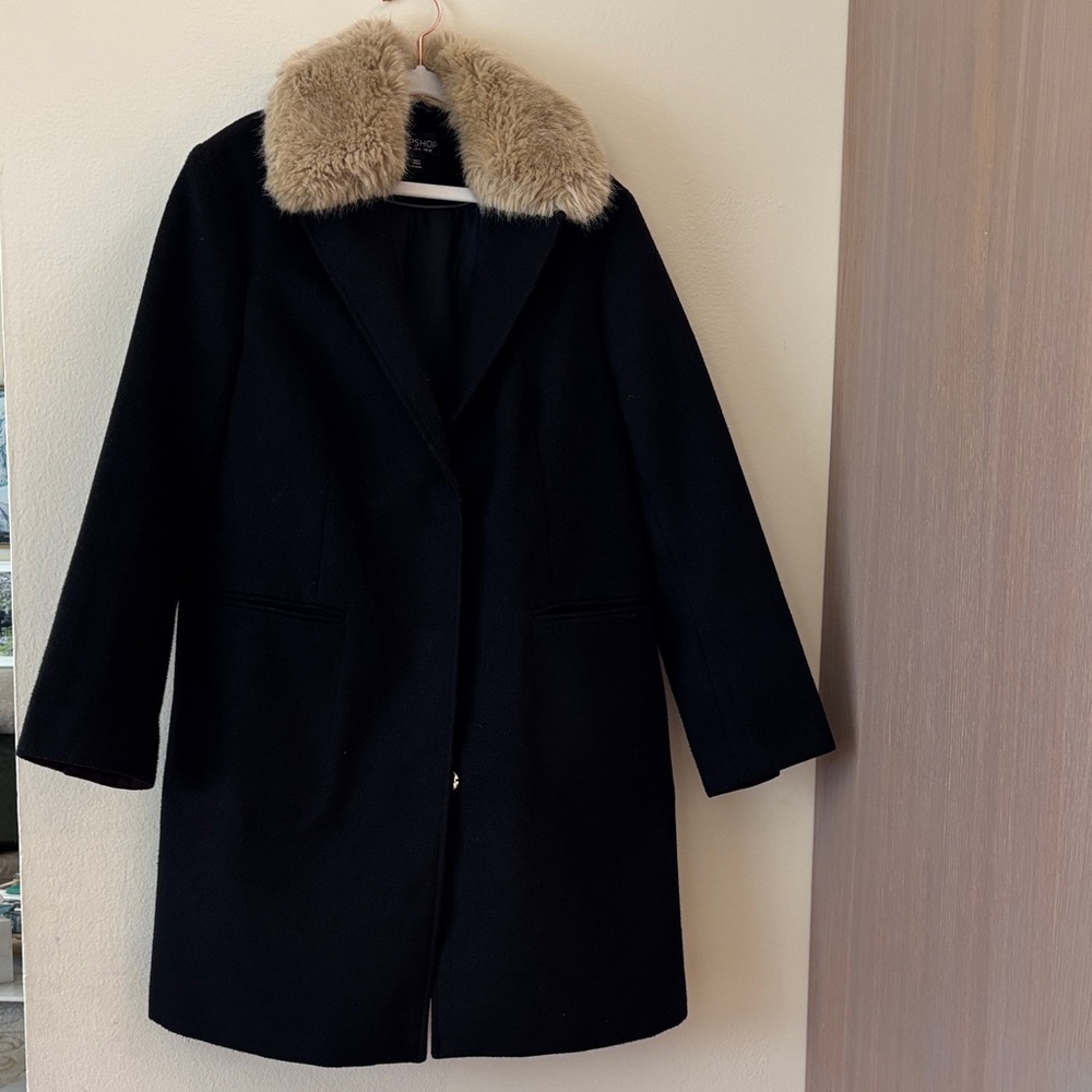 Topshop Black Car Coat with Tan Faux Fur Removable Collar US6